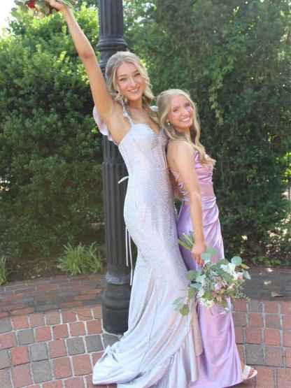 Straps Ruched Mermaid Long Prom Dress with Slit