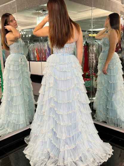 Straps Floral Sequined Multi-Tiered Long Prom Dress with Slit