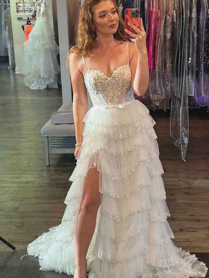 Straps Floral Sequined Multi-Tiered Long Prom Dress with Slit