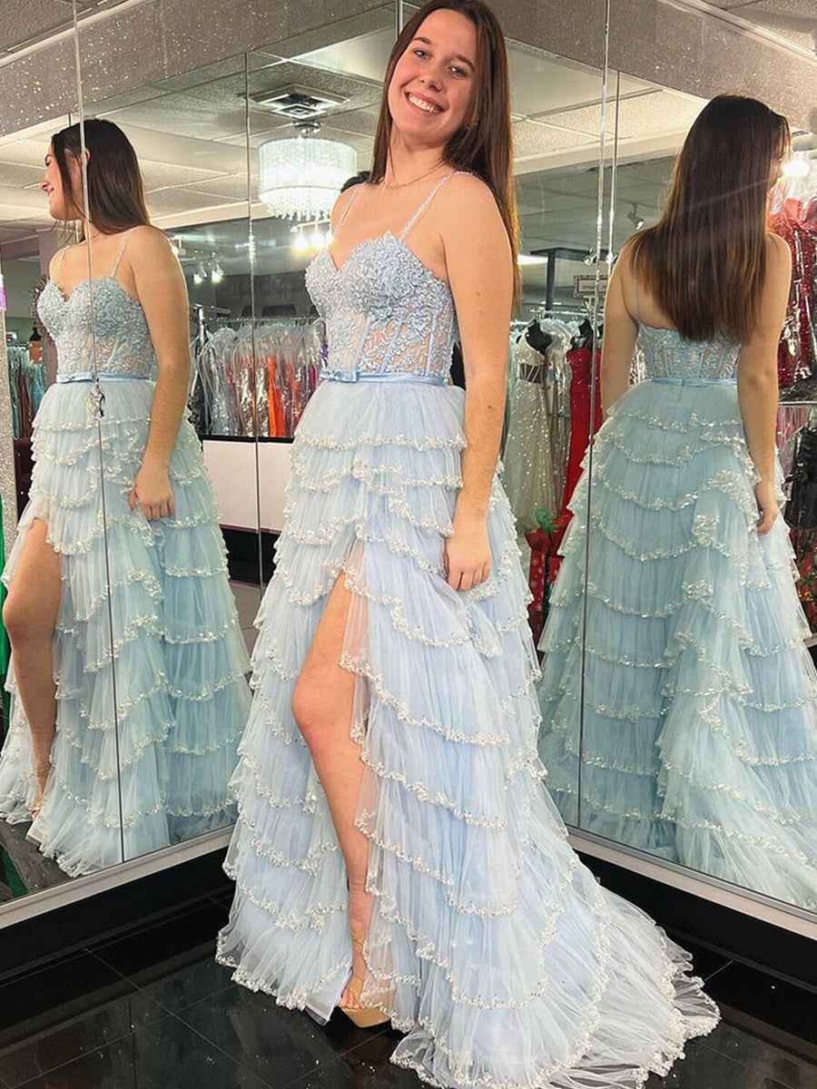 Straps Floral Sequined Multi-Tiered Long Prom Dress with Slit