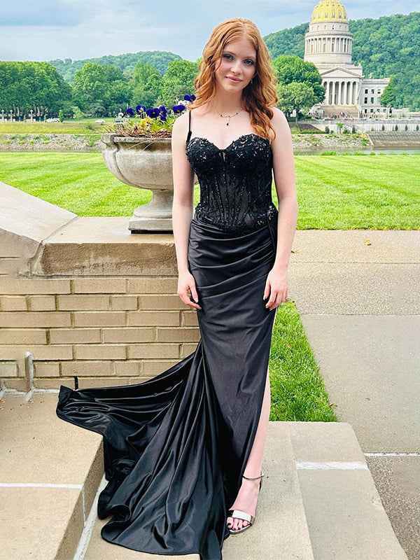 Green Mermaid Spaghetti Straps Bodice Long Prom Dress with Beads
