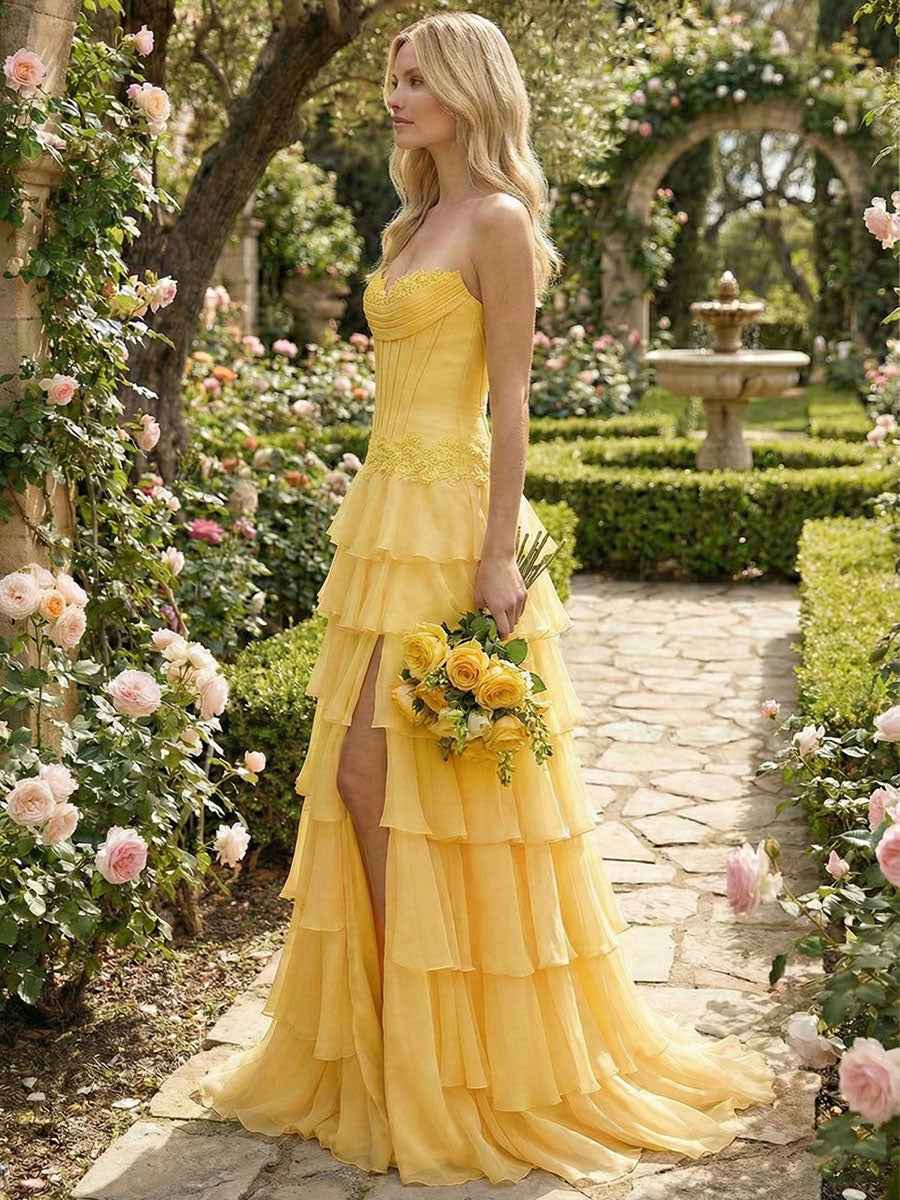 Sunshine Cascade Strapless Tiered Corset Prom Dress with Slit