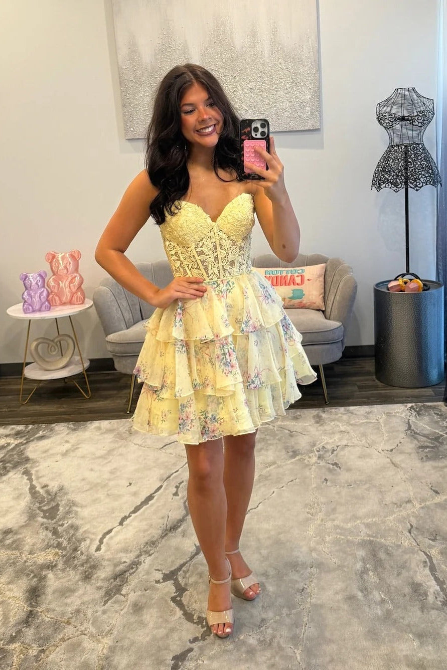 Sweetheart Lace Corset Homecoming Dress Tiered Ruffle Floral Chiffon Mini Open Back