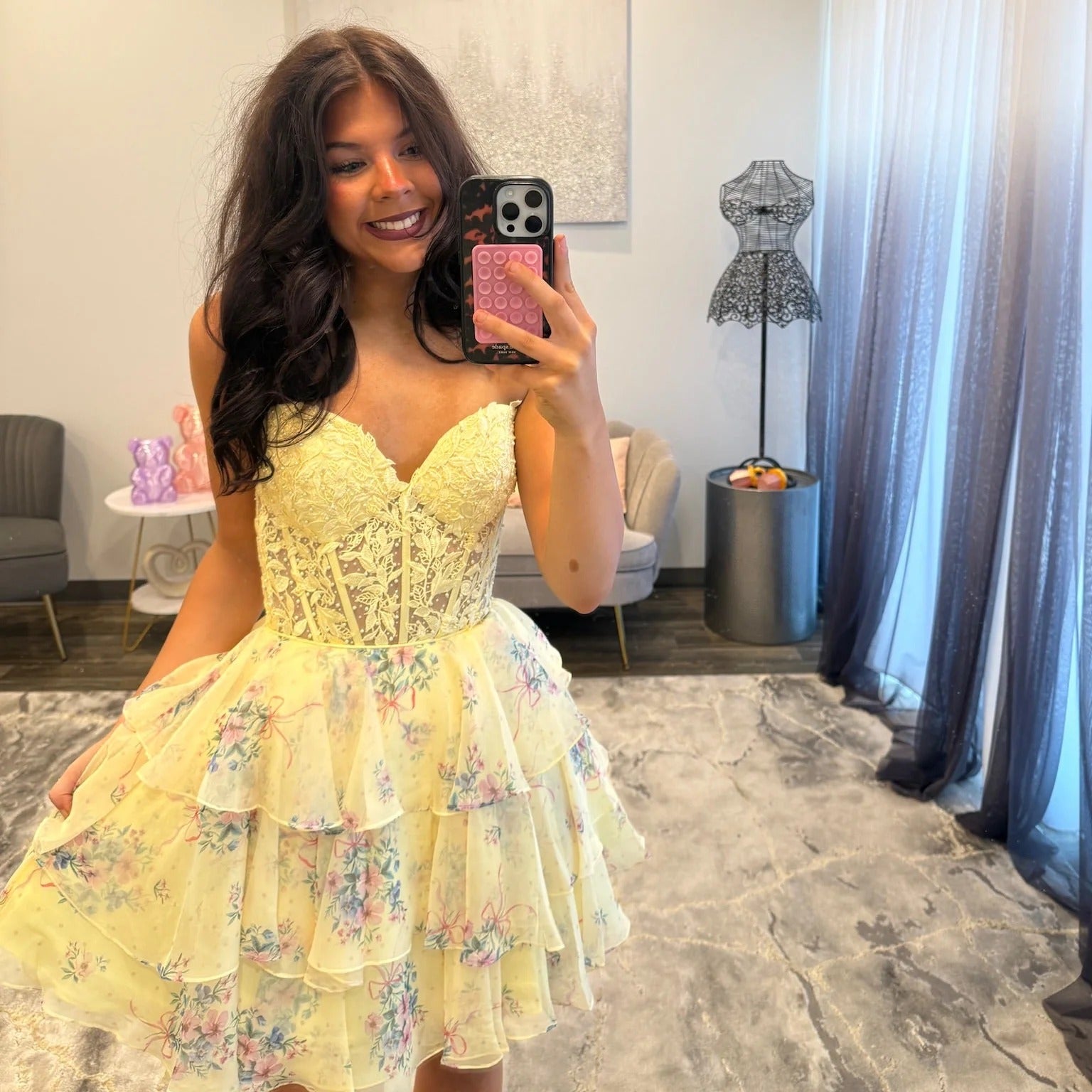 Sweetheart Lace Corset Homecoming Dress Tiered Ruffle Floral Chiffon Mini Open Back