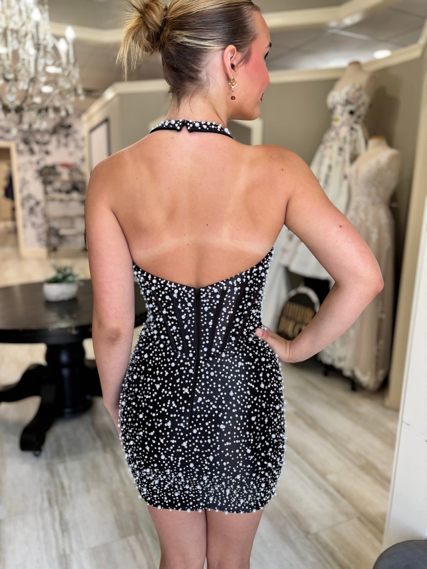 Sweetheart Pearl Beaded Bodycon Homecoming Dress Spaghetti Straps Open Back Mini