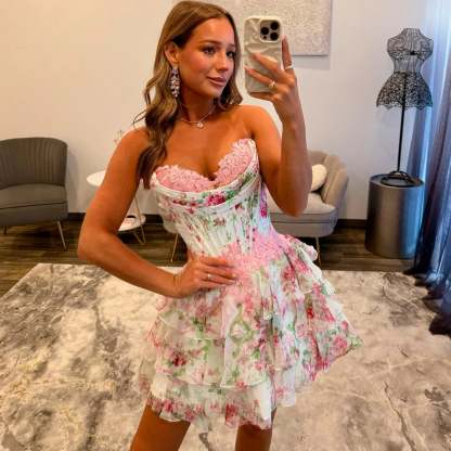 Sweetheart Strapless 3D Floral Corset Homecoming Dress Tiered Ruffle Chiffon Mini Open Back