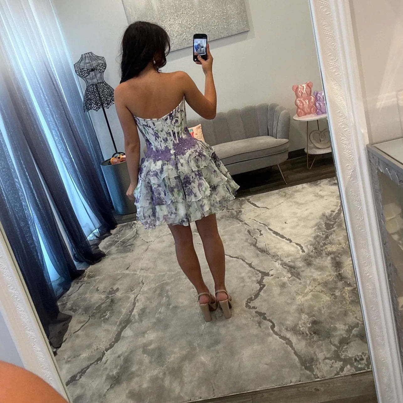 Sweetheart Strapless 3D Floral Corset Homecoming Dress Tiered Ruffle Chiffon Mini Open Back