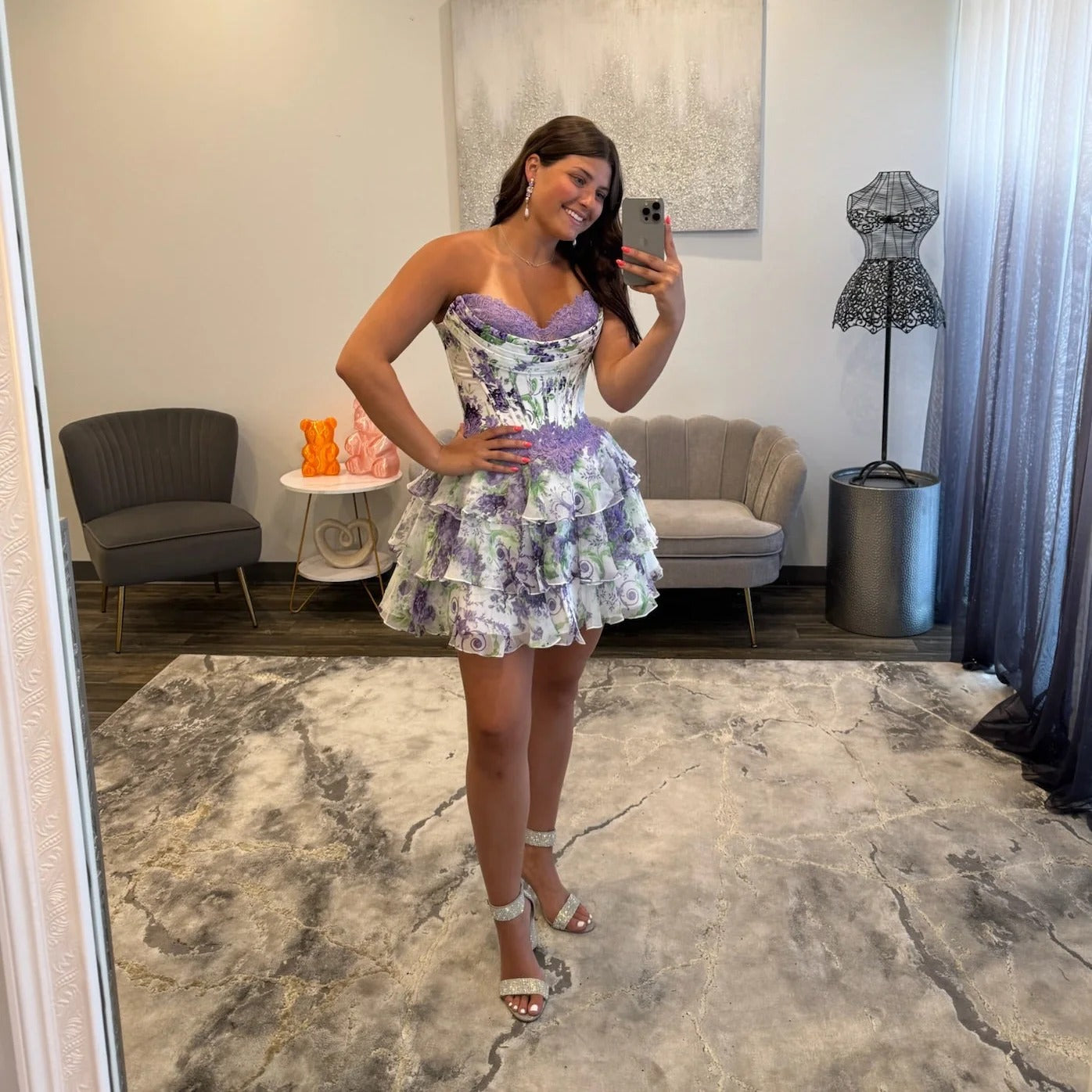 Sweetheart Strapless 3D Floral Corset Homecoming Dress Tiered Ruffle Chiffon Mini Open Back