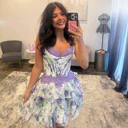 Sweetheart Strapless 3D Floral Corset Homecoming Dress Tiered Ruffle Chiffon Mini Open Back