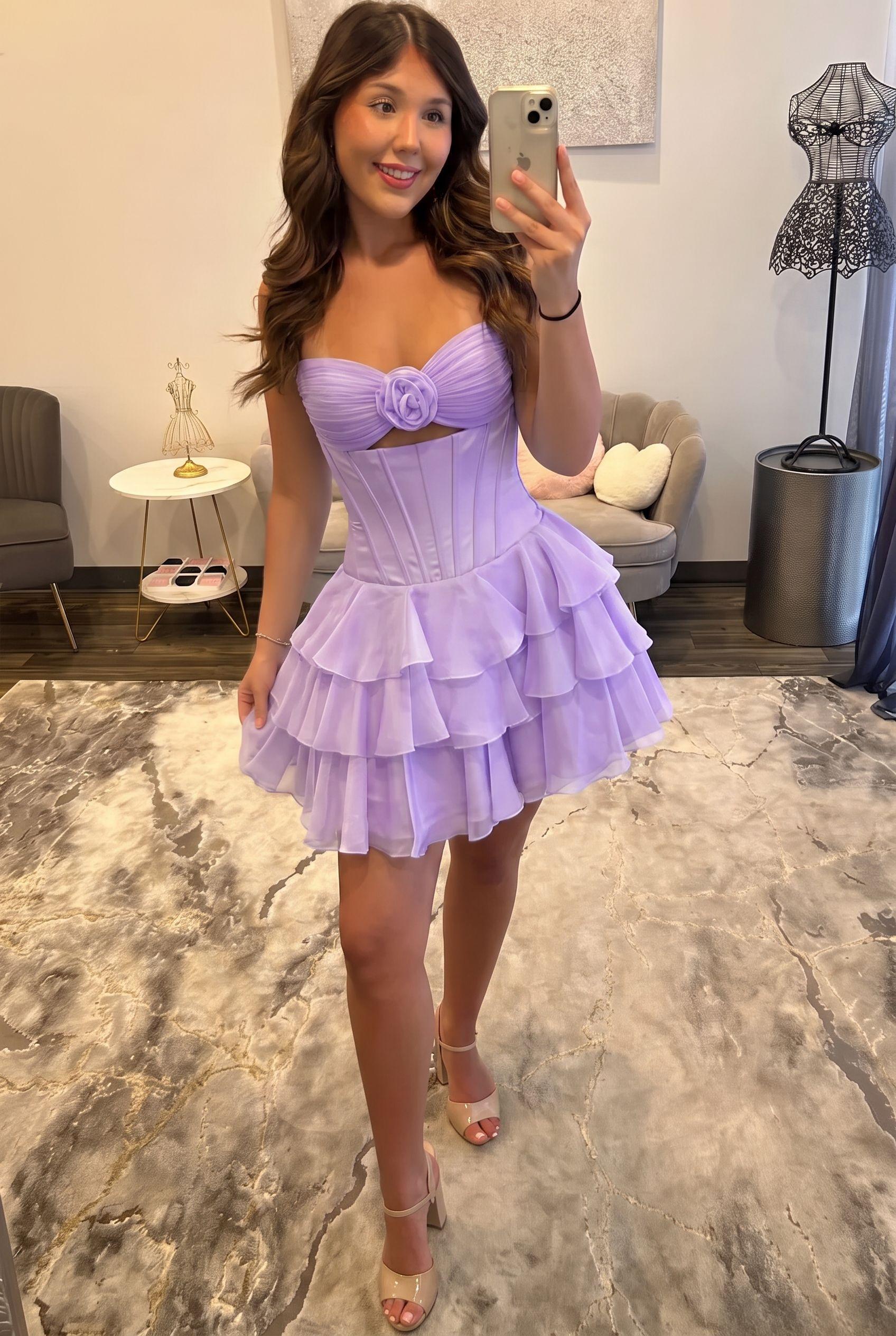 Sweetheart Strapless 3D Rose Corset Homecoming Dress Cutout Tiered Ruffle Chiffon Mini Open Back