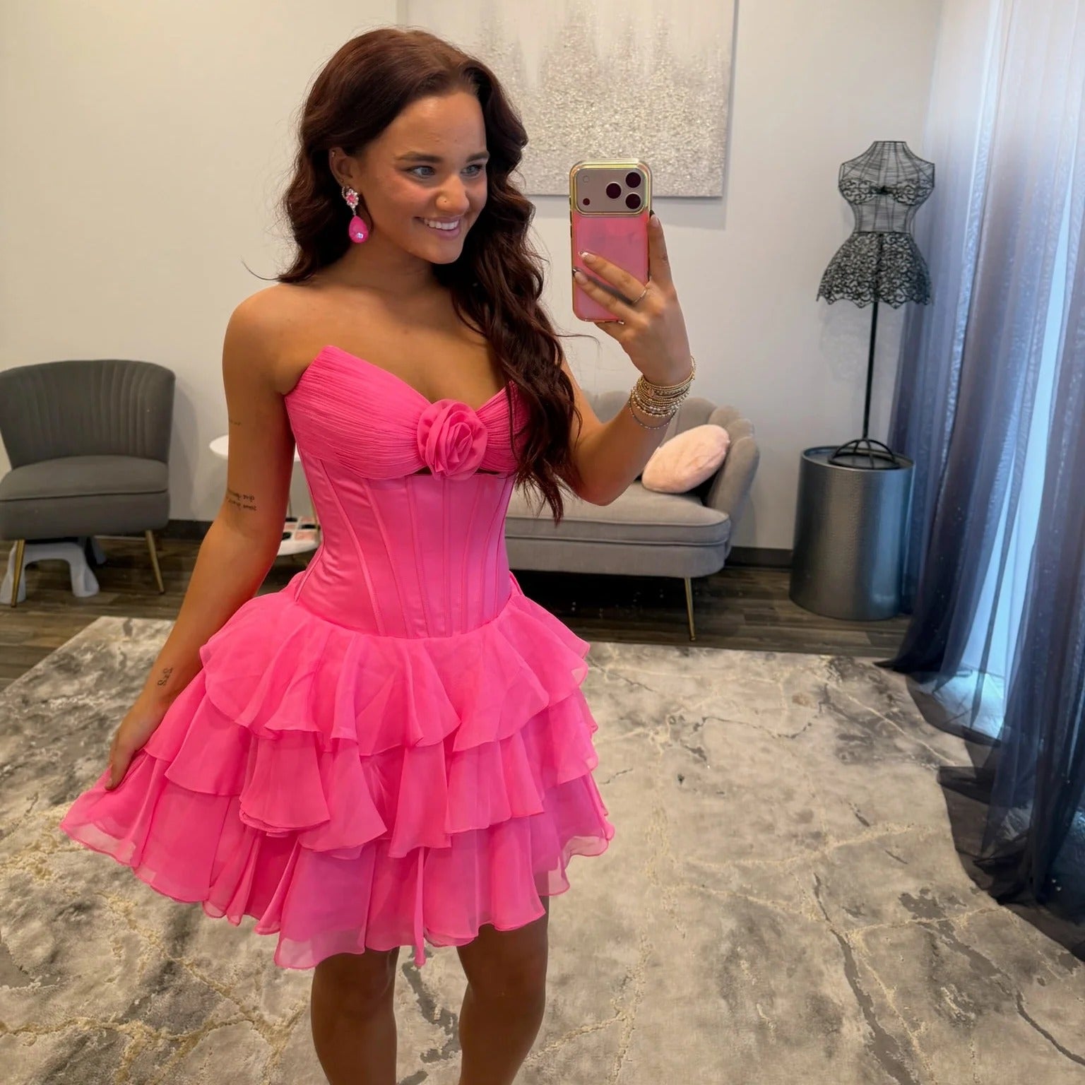 Sweetheart Strapless 3D Rose Corset Homecoming Dress Cutout Tiered Ruffle Chiffon Mini Open Back