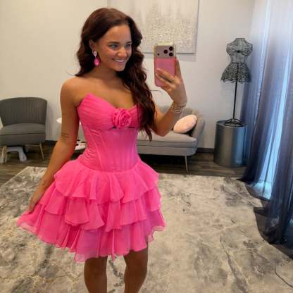 Sweetheart Strapless 3D Rose Corset Homecoming Dress Cutout Tiered Ruffle Chiffon Mini Open Back
