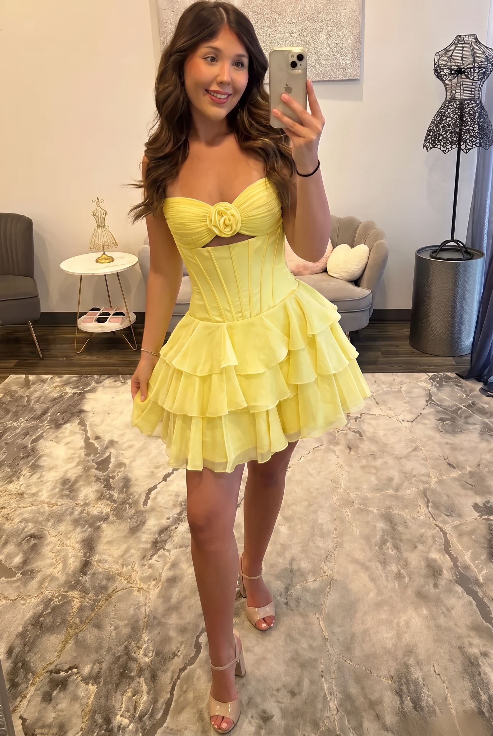 Sweetheart Strapless 3D Rose Corset Homecoming Dress Cutout Tiered Ruffle Chiffon Mini Open Back