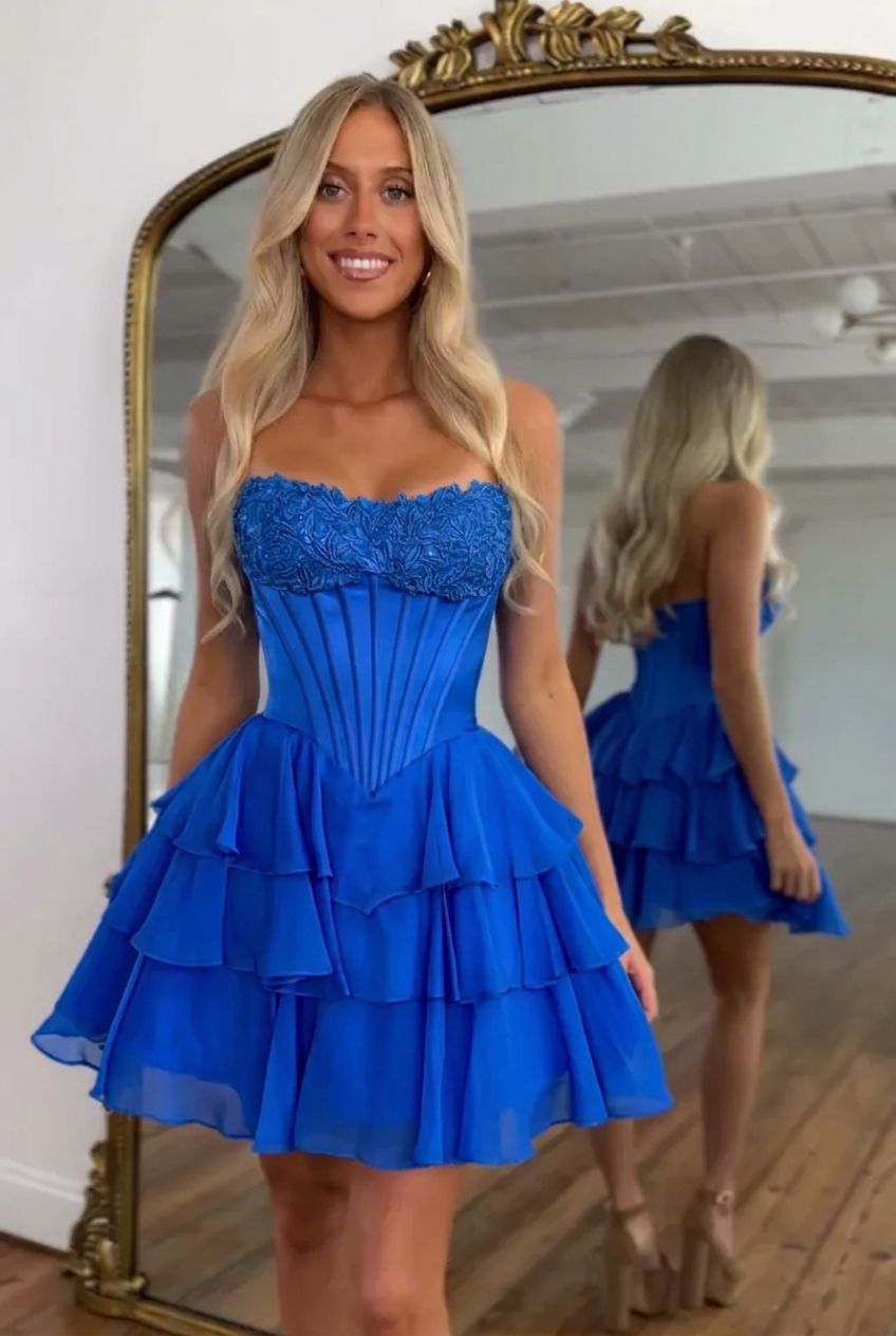 Sweetheart Strapless Boned Corset Homecoming Dress Lace Applique Tiered Ruffle Chiffon Mini