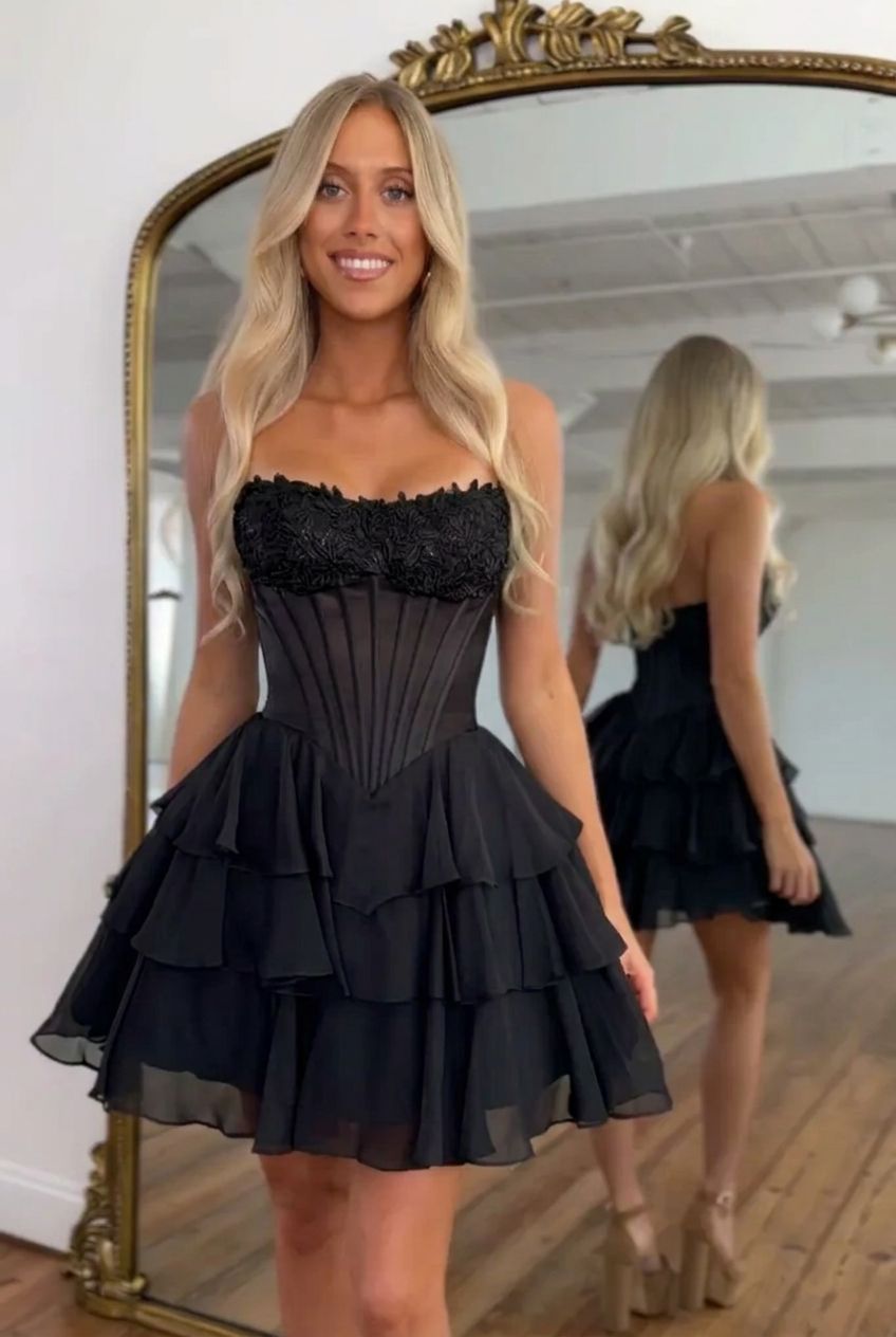Sweetheart Strapless Boned Corset Homecoming Dress Lace Applique Tiered Ruffle Chiffon Mini