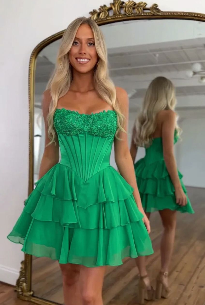 Sweetheart Strapless Boned Corset Homecoming Dress Lace Applique Tiered Ruffle Chiffon Mini