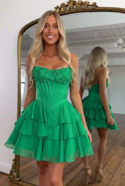 Sweetheart Strapless Boned Corset Homecoming Dress Lace Applique Tiered Ruffle Chiffon Mini