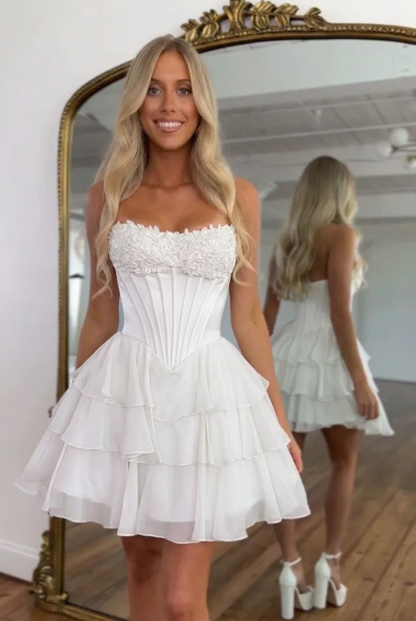 Sweetheart Strapless Boned Corset Homecoming Dress Lace Applique Tiered Ruffle Chiffon Mini