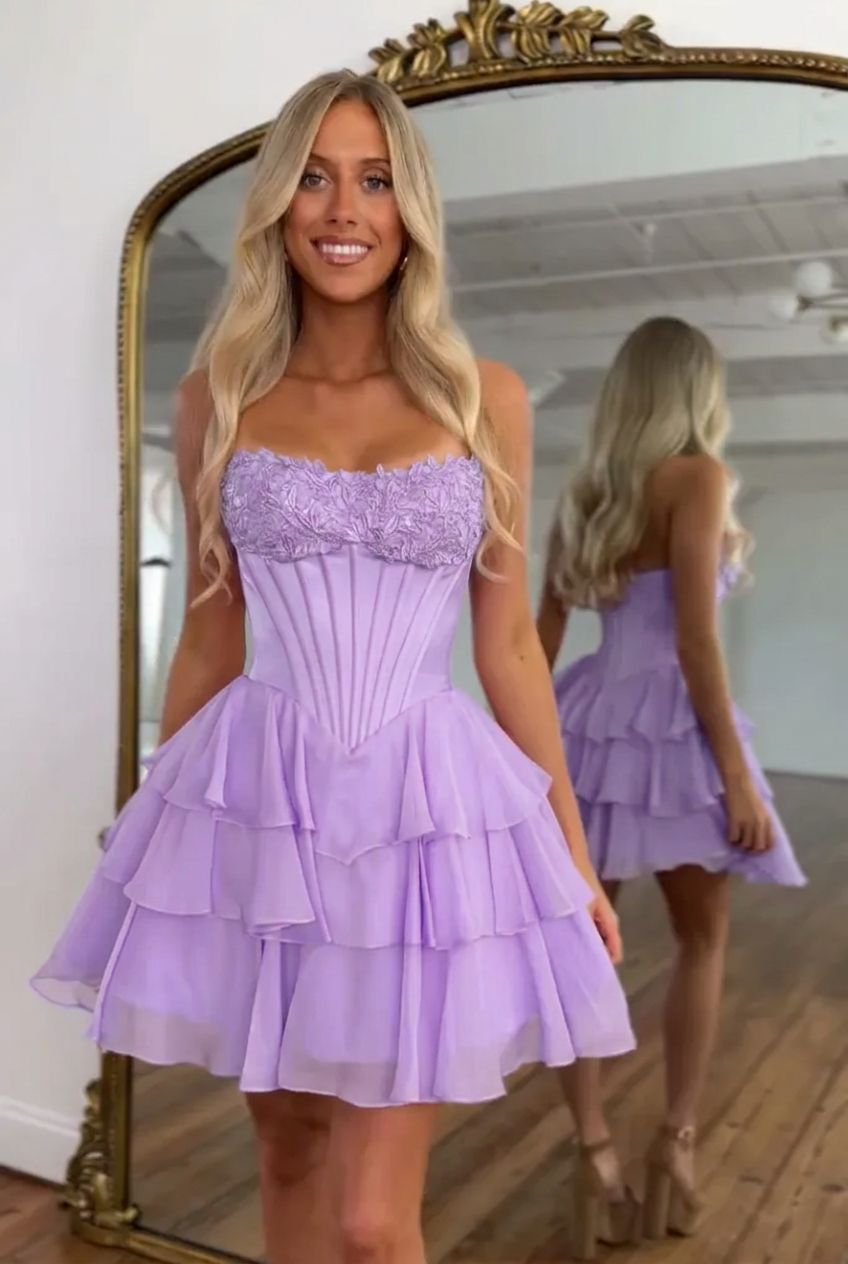 Sweetheart Strapless Boned Corset Homecoming Dress Lace Applique Tiered Ruffle Chiffon Mini