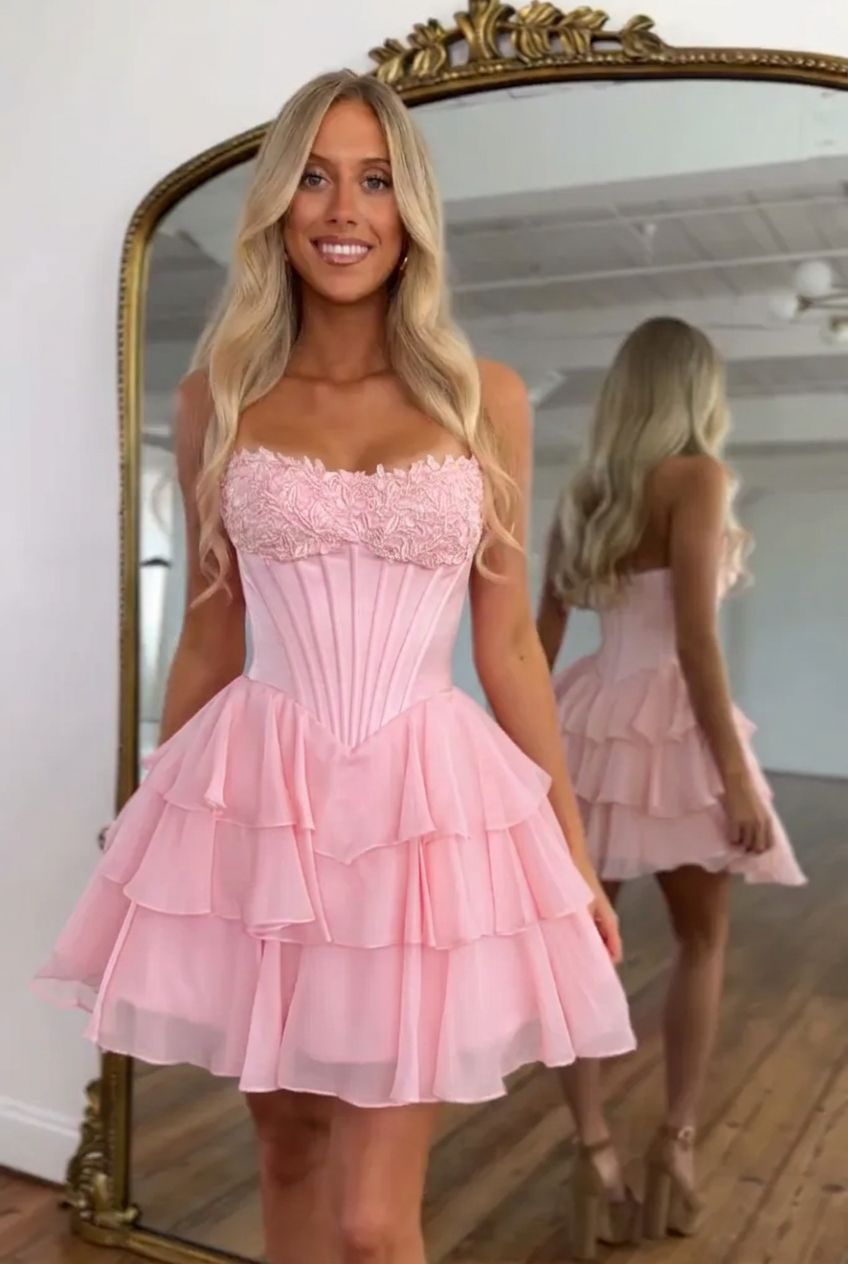 Sweetheart Strapless Boned Corset Homecoming Dress Lace Applique Tiered Ruffle Chiffon Mini