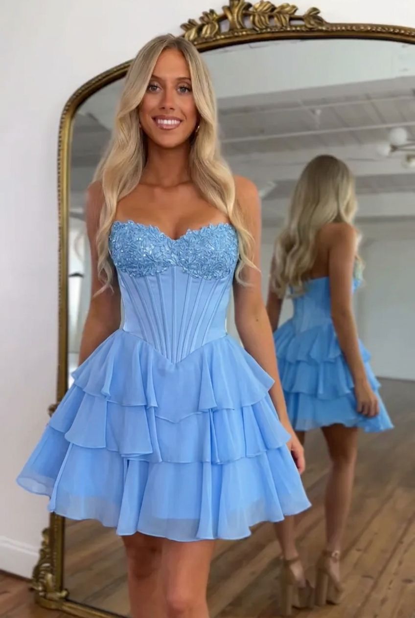 Sweetheart Strapless Boned Corset Homecoming Dress Lace Applique Tiered Ruffle Chiffon Mini