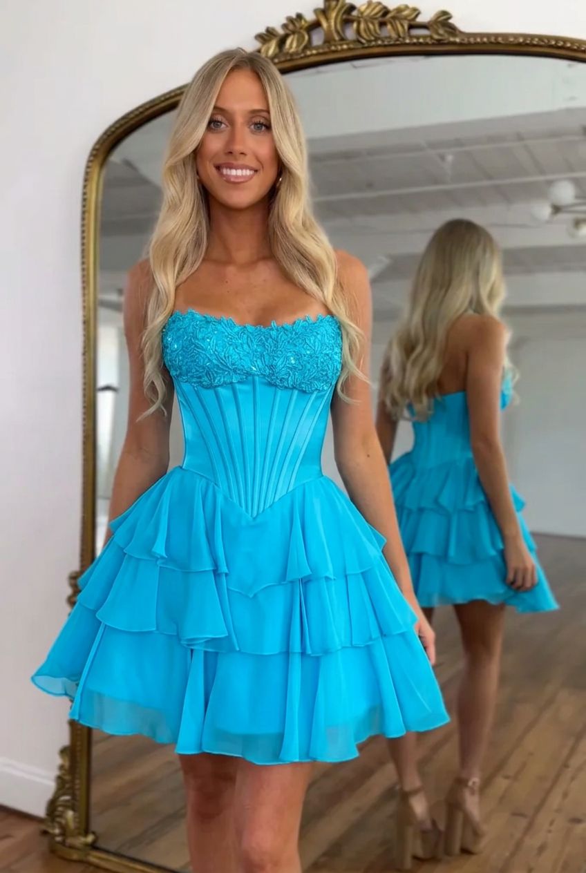 Sweetheart Strapless Boned Corset Homecoming Dress Lace Applique Tiered Ruffle Chiffon Mini
