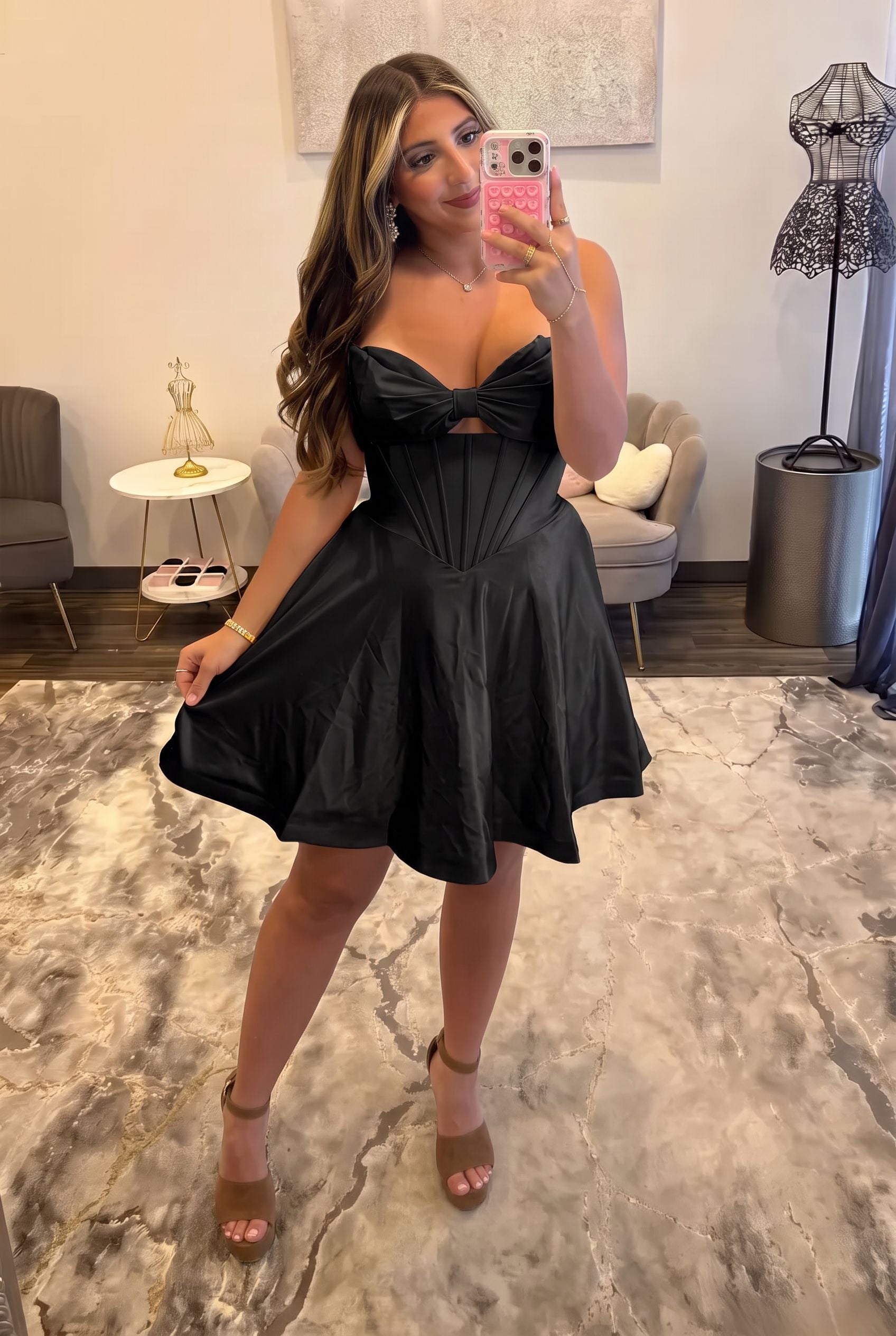 Sweetheart Strapless Bow Cutout Satin Corset Homecoming Dress A-Line Mini Lace-Up Open Back
