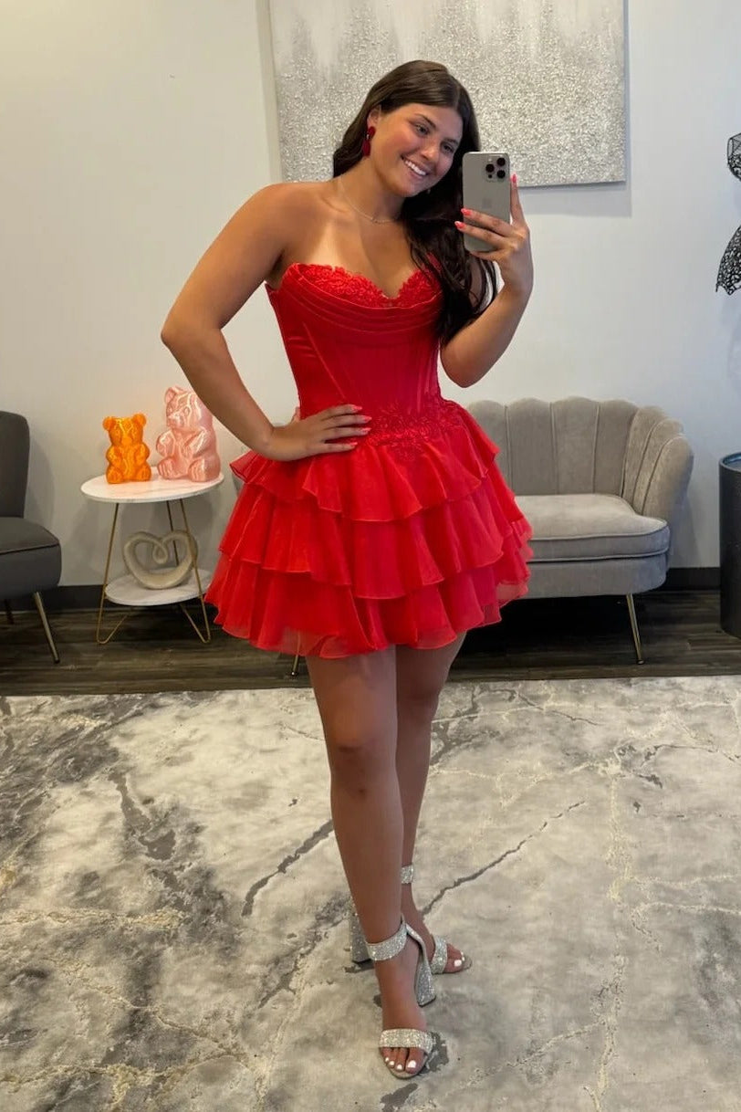 Sweetheart Strapless Corset Homecoming Dress Lace Applique Tiered Ruffle Chiffon Mini