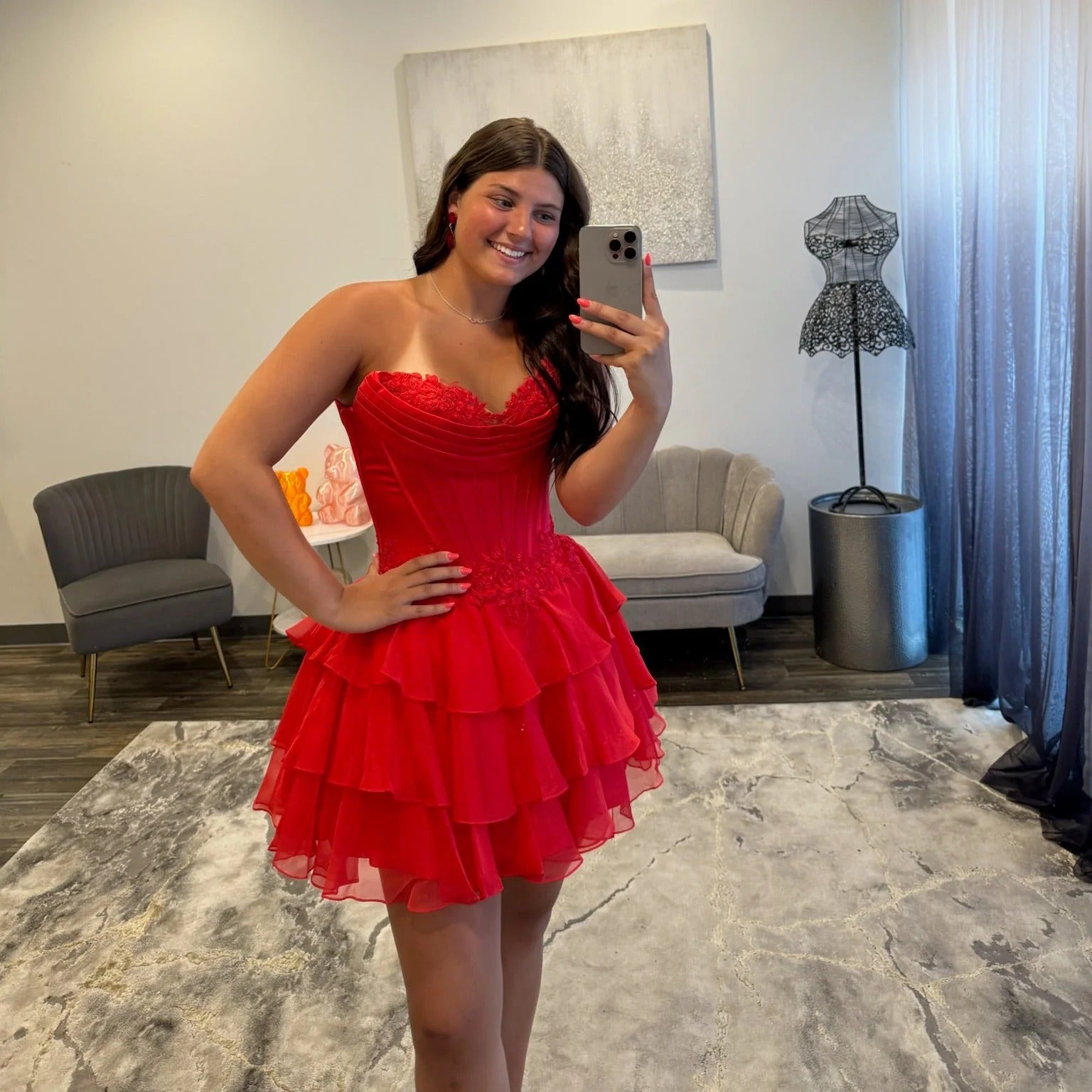 Sweetheart Strapless Corset Homecoming Dress Lace Applique Tiered Ruffle Chiffon Mini