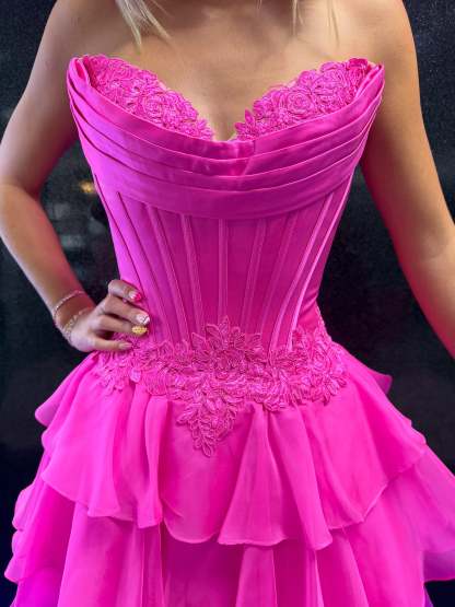 Sweetheart Strapless Corset Homecoming Dress Lace Applique Tiered Ruffle Chiffon Mini