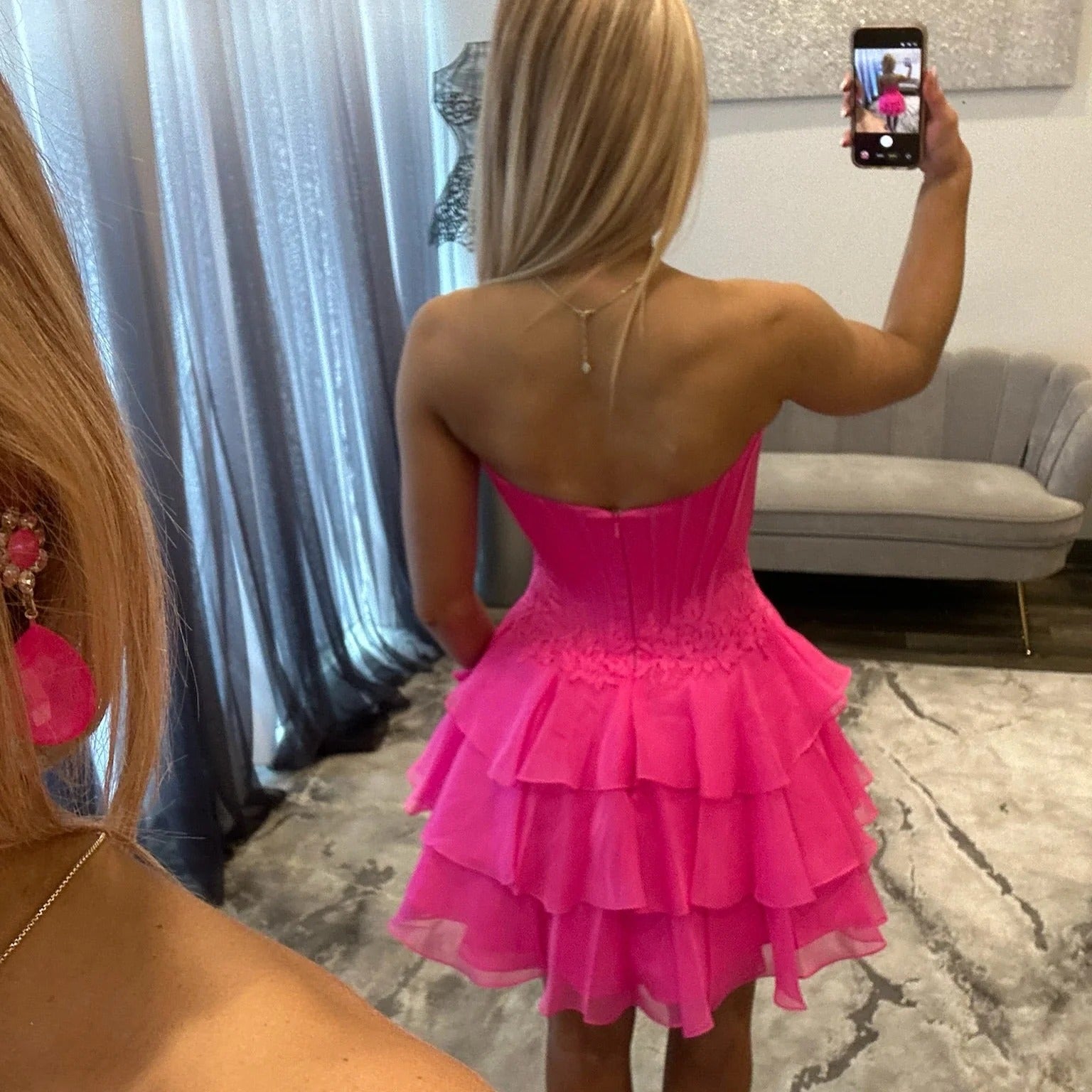 Sweetheart Strapless Corset Homecoming Dress Lace Applique Tiered Ruffle Chiffon Mini
