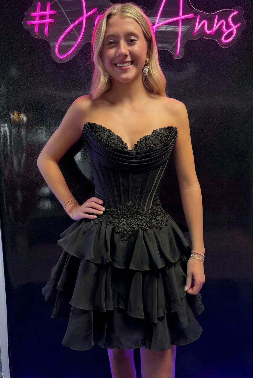 Sweetheart Strapless Corset Homecoming Dress Lace Applique Tiered Ruffle Chiffon Mini