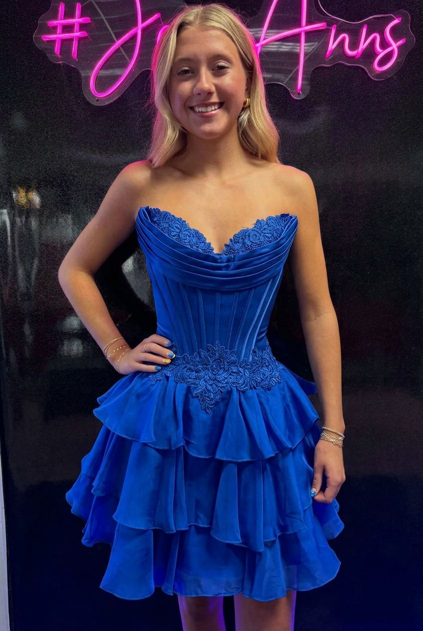 Sweetheart Strapless Corset Homecoming Dress Lace Applique Tiered Ruffle Chiffon Mini