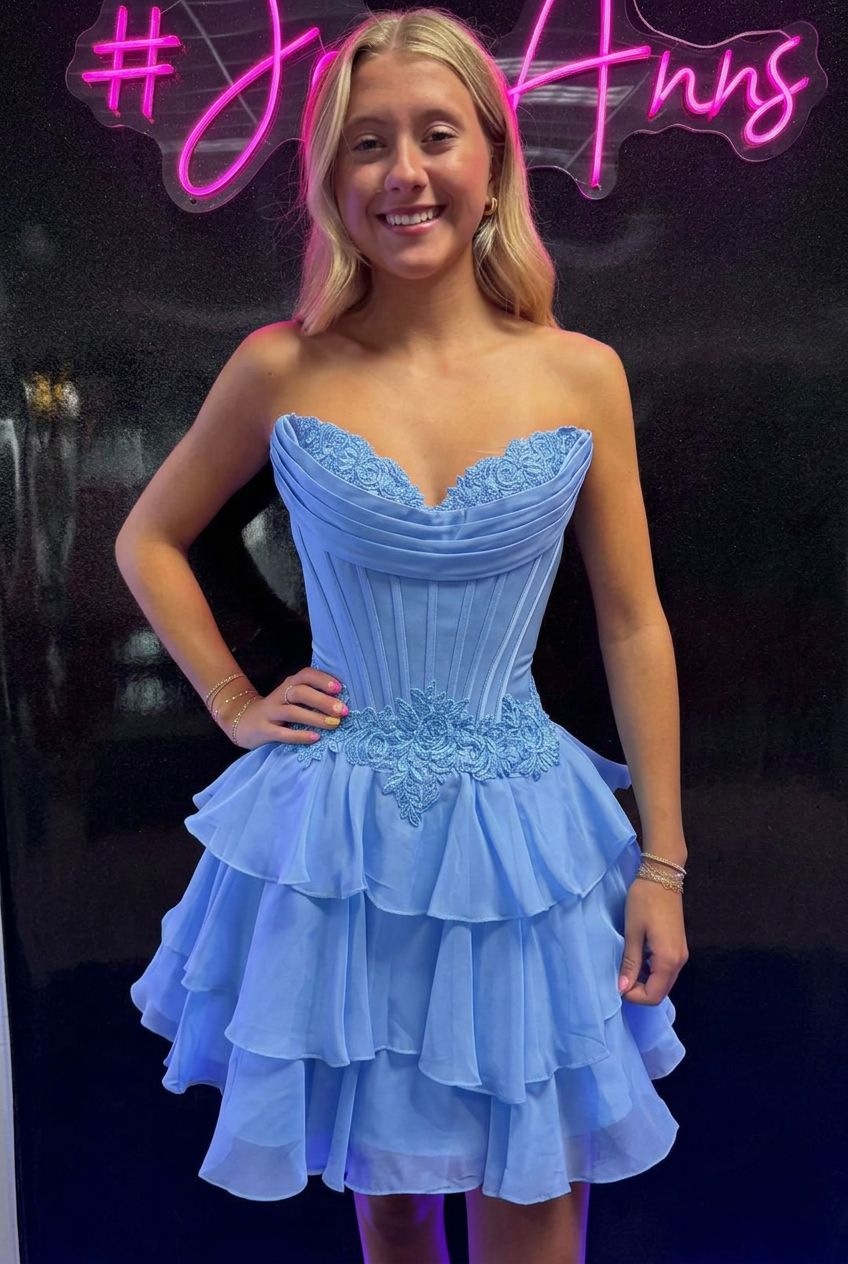 Sweetheart Strapless Corset Homecoming Dress Lace Applique Tiered Ruffle Chiffon Mini