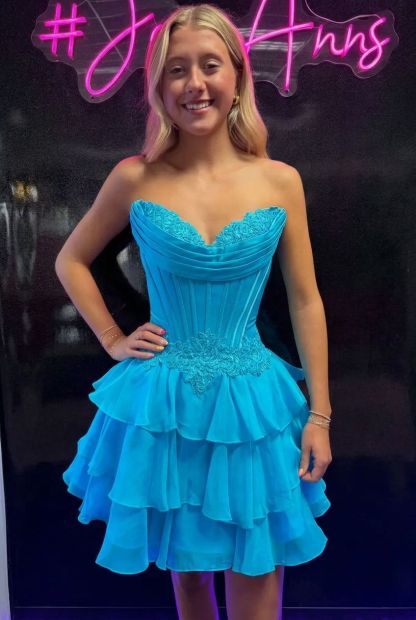 Sweetheart Strapless Corset Homecoming Dress Lace Applique Tiered Ruffle Chiffon Mini