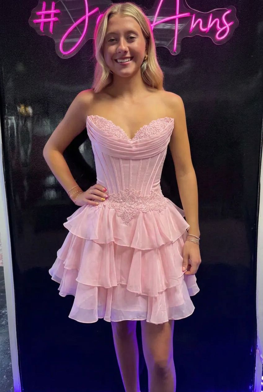 Sweetheart Strapless Corset Homecoming Dress Lace Applique Tiered Ruffle Chiffon Mini