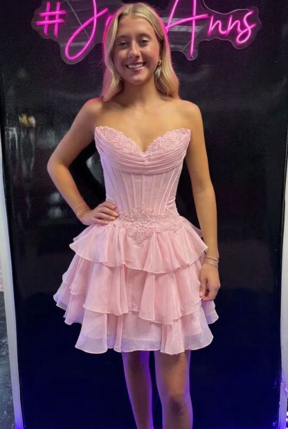 Sweetheart Strapless Corset Homecoming Dress Lace Applique Tiered Ruffle Chiffon Mini