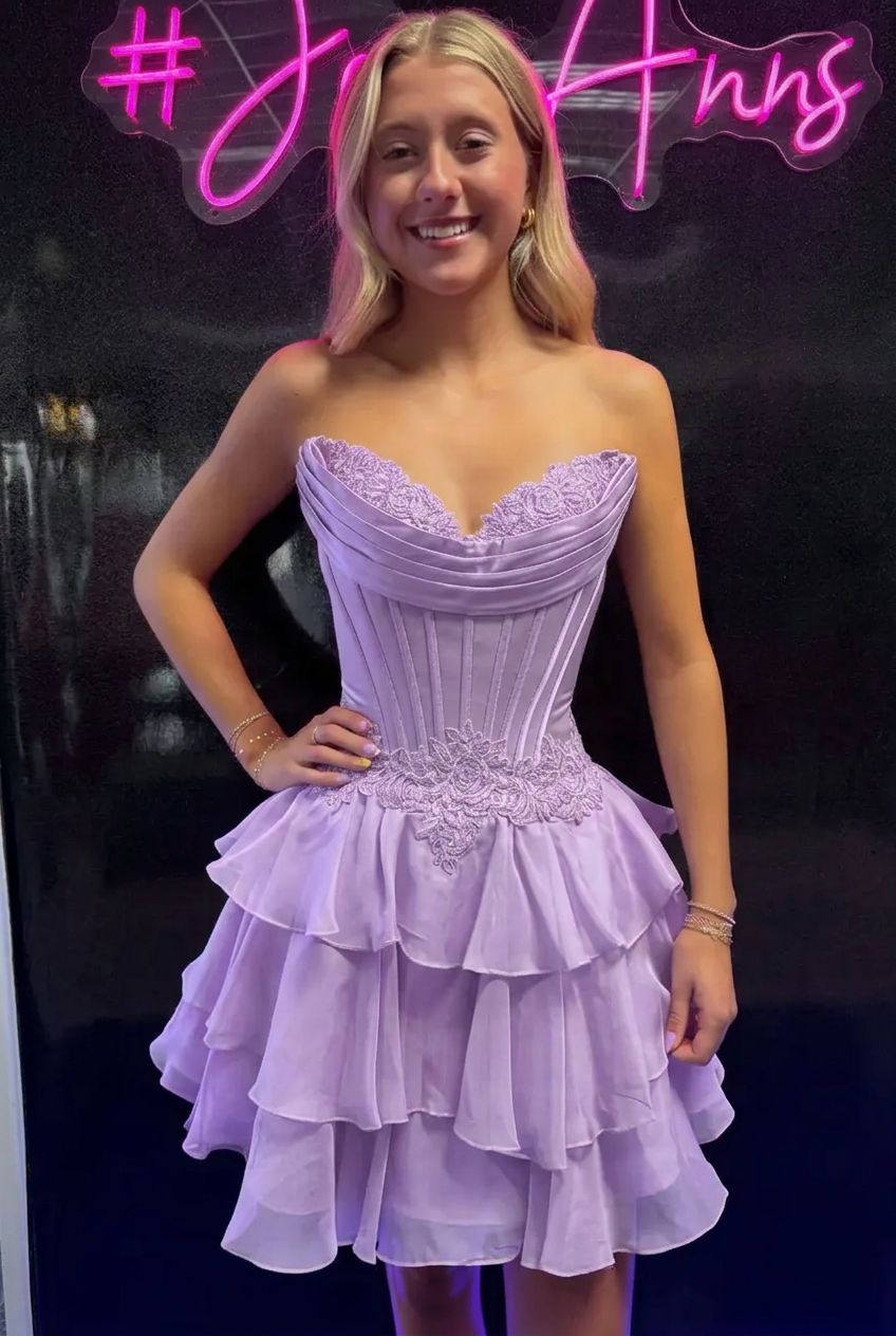 Sweetheart Strapless Corset Homecoming Dress Lace Applique Tiered Ruffle Chiffon Mini