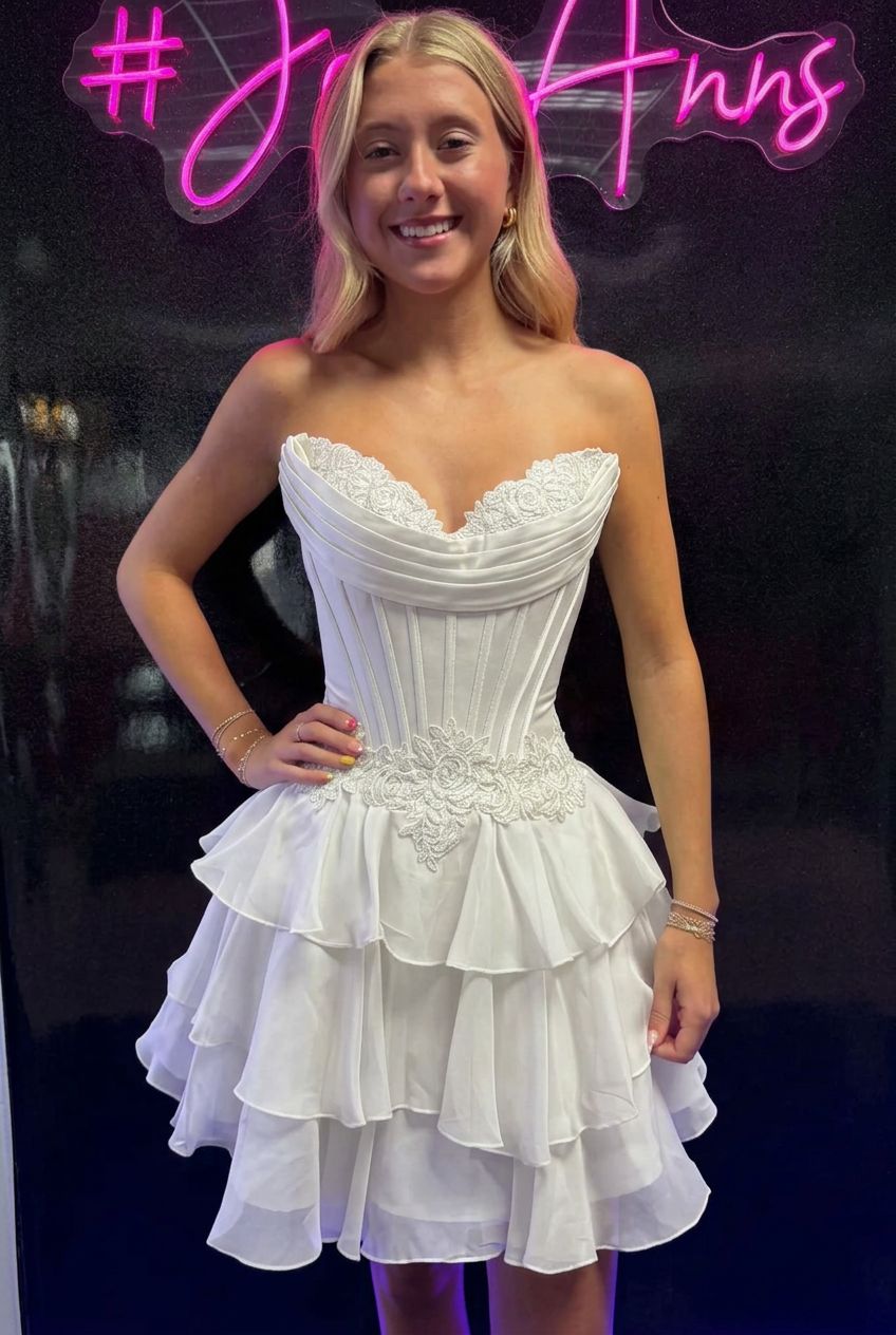 Sweetheart Strapless Corset Homecoming Dress Lace Applique Tiered Ruffle Chiffon Mini