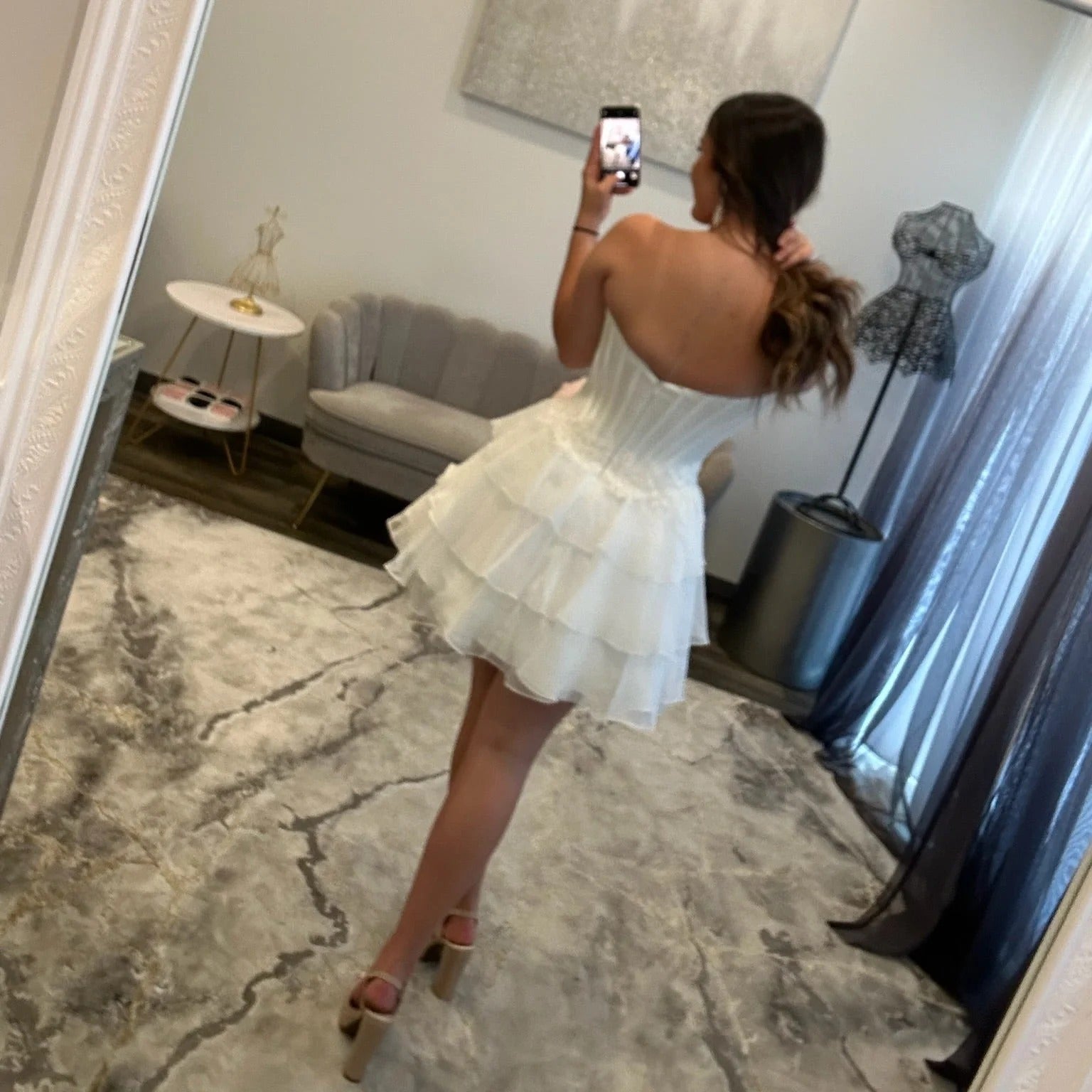 Sweetheart Strapless Corset Homecoming Dress Lace Applique Tiered Ruffle Chiffon Mini