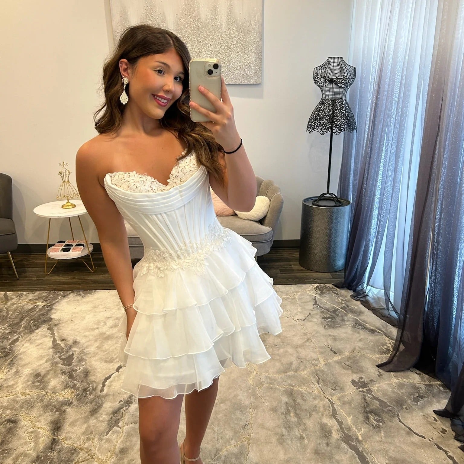 Sweetheart Strapless Corset Homecoming Dress Lace Applique Tiered Ruffle Chiffon Mini