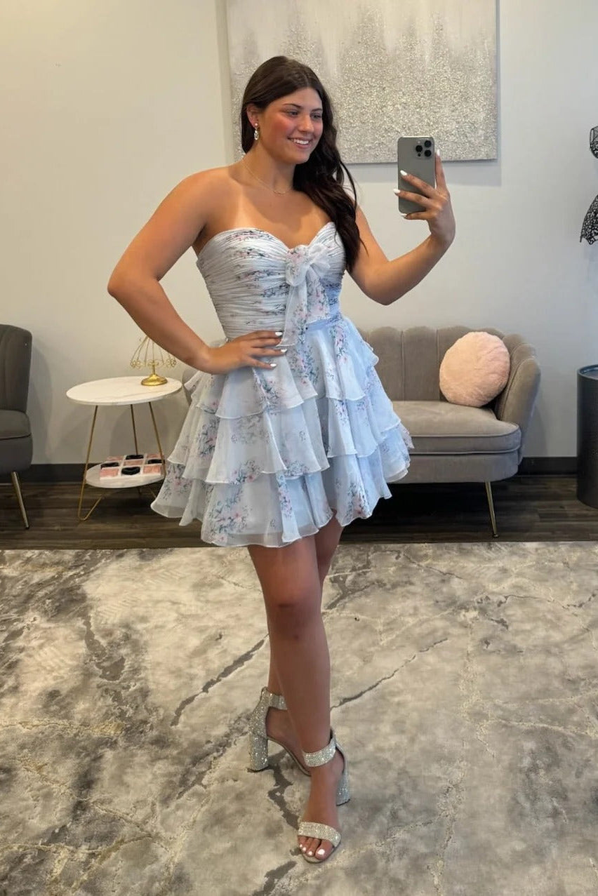 Sweetheart Strapless Floral Homecoming Dress Bow Tiered Ruffle Chiffon Mini A-line