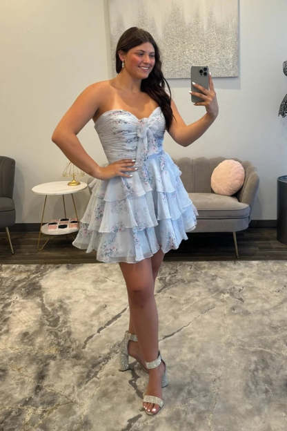 Sweetheart Strapless Floral Homecoming Dress Bow Tiered Ruffle Chiffon Mini A-line