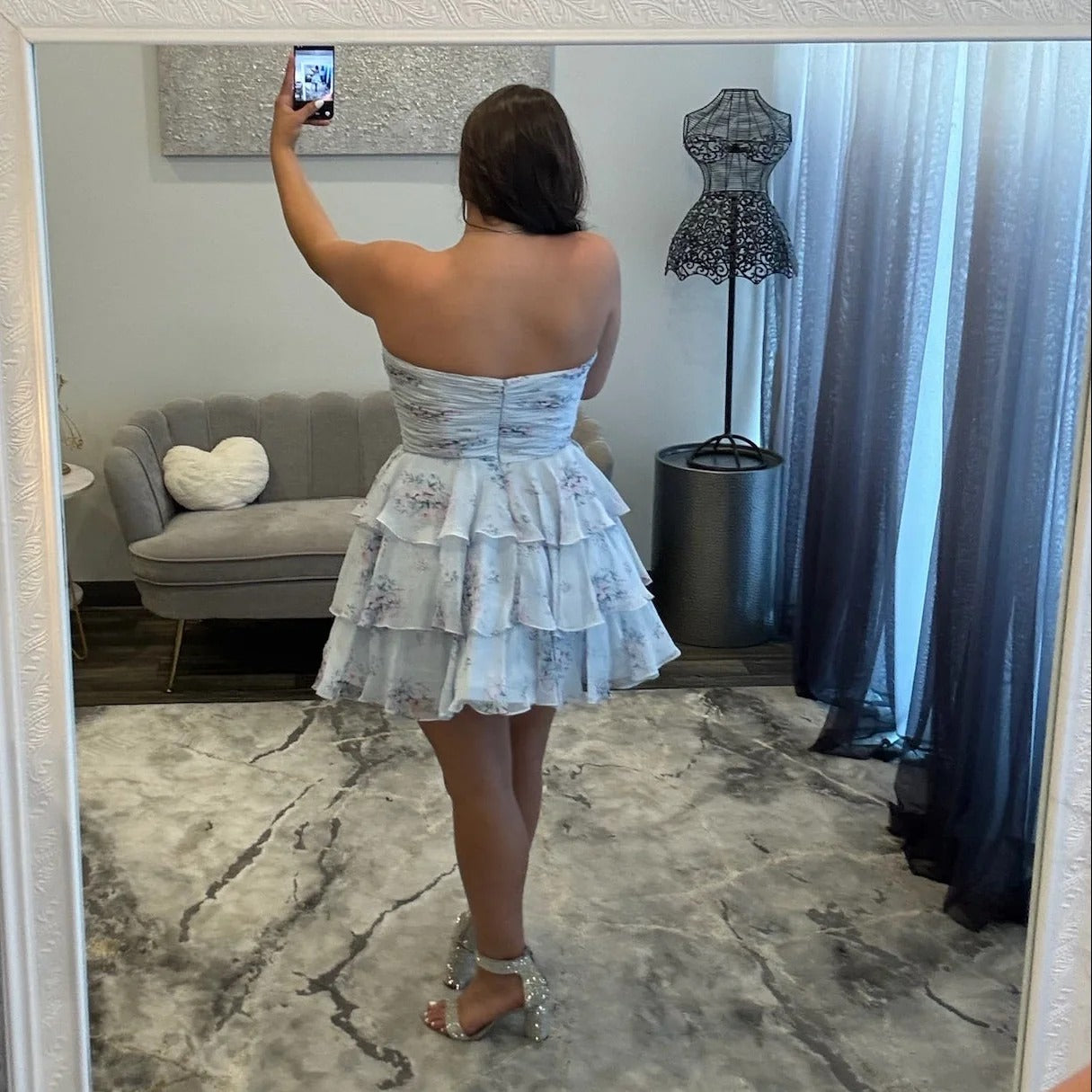 Sweetheart Strapless Floral Homecoming Dress Bow Tiered Ruffle Chiffon Mini A-line