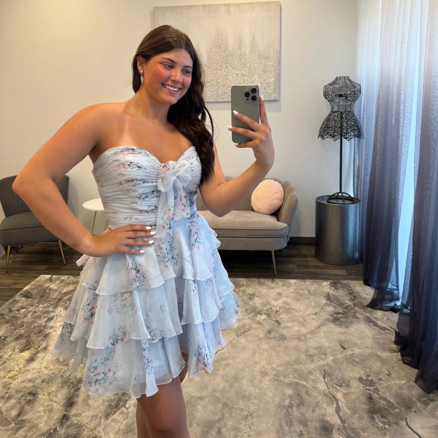 Sweetheart Strapless Floral Homecoming Dress Bow Tiered Ruffle Chiffon Mini A-line