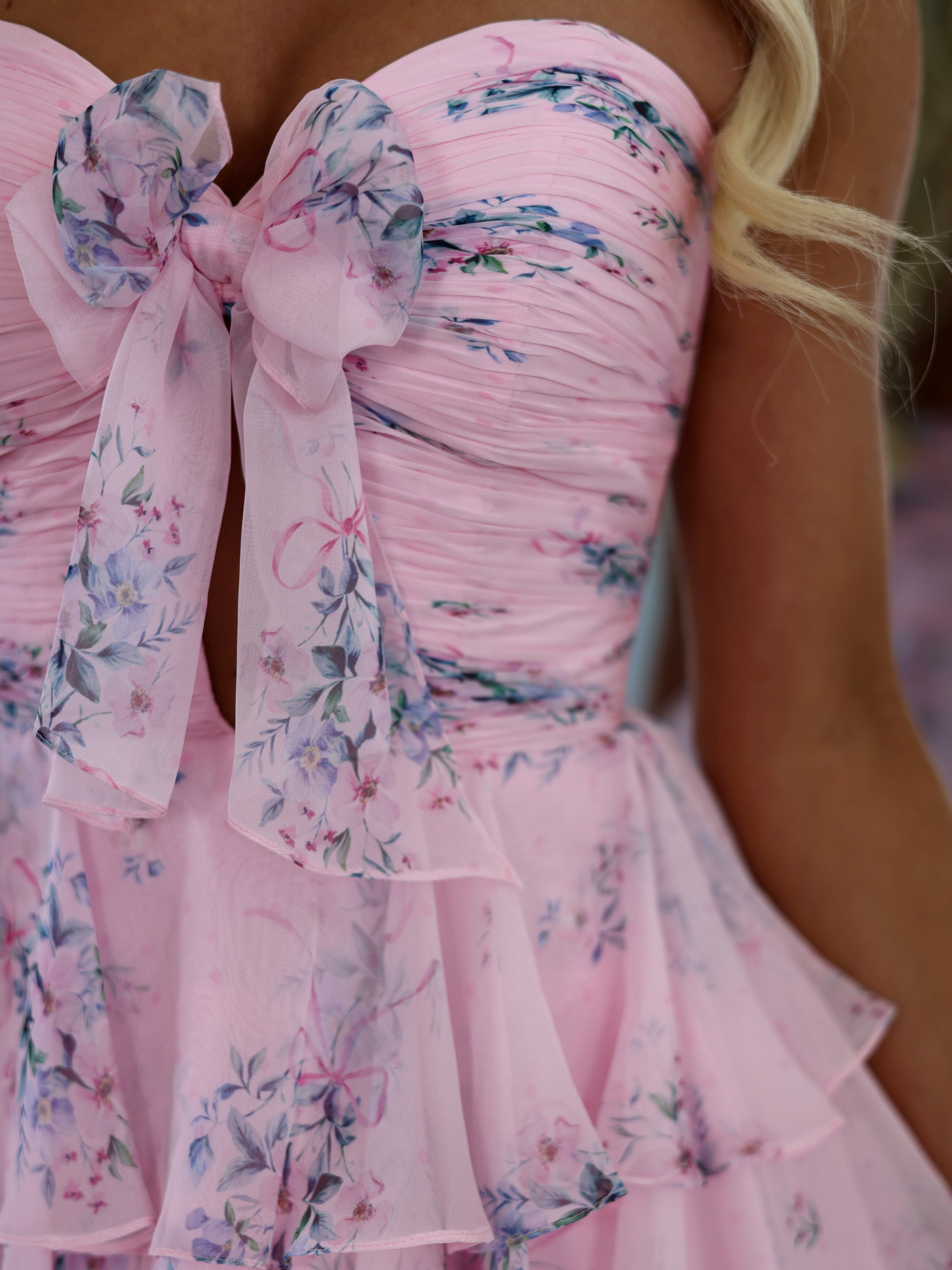 Sweetheart Strapless Floral Homecoming Dress Bow Tiered Ruffle Chiffon Mini A-line