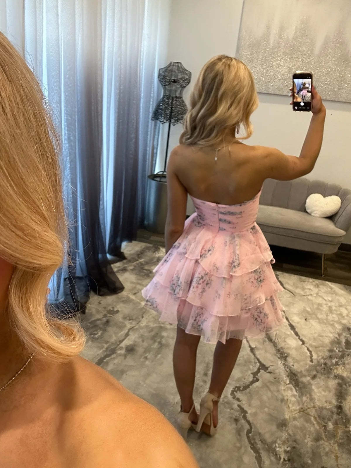 Sweetheart Strapless Floral Homecoming Dress Bow Tiered Ruffle Chiffon Mini A-line