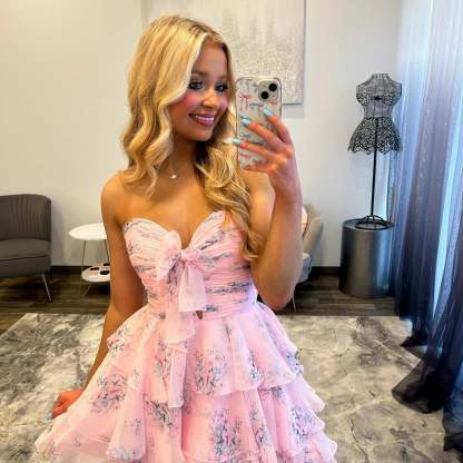 Sweetheart Strapless Floral Homecoming Dress Bow Tiered Ruffle Chiffon Mini A-line
