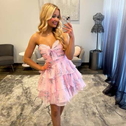 Sweetheart Strapless Floral Homecoming Dress Bow Tiered Ruffle Chiffon Mini A-line
