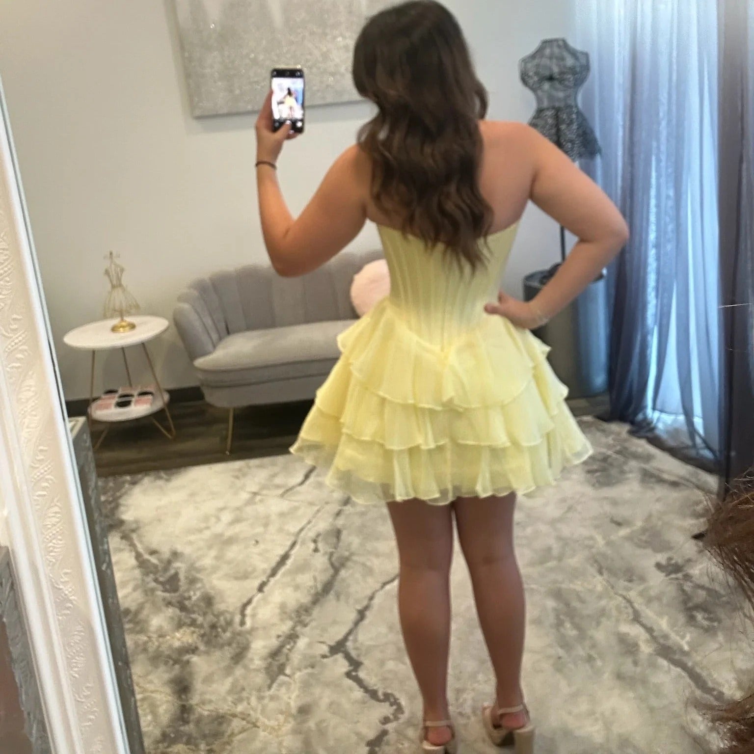 Sweetheart Strapless Ruched Chiffon Corset Homecoming Dress Bow Tiered Ruffle Mini Open Back